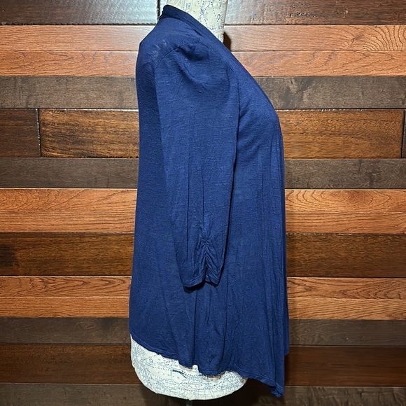 Le Rouge Stretchy Scoop Neck Long Sleeve Navy and White Built in Cardigan Blouse - Picture 6 of 9